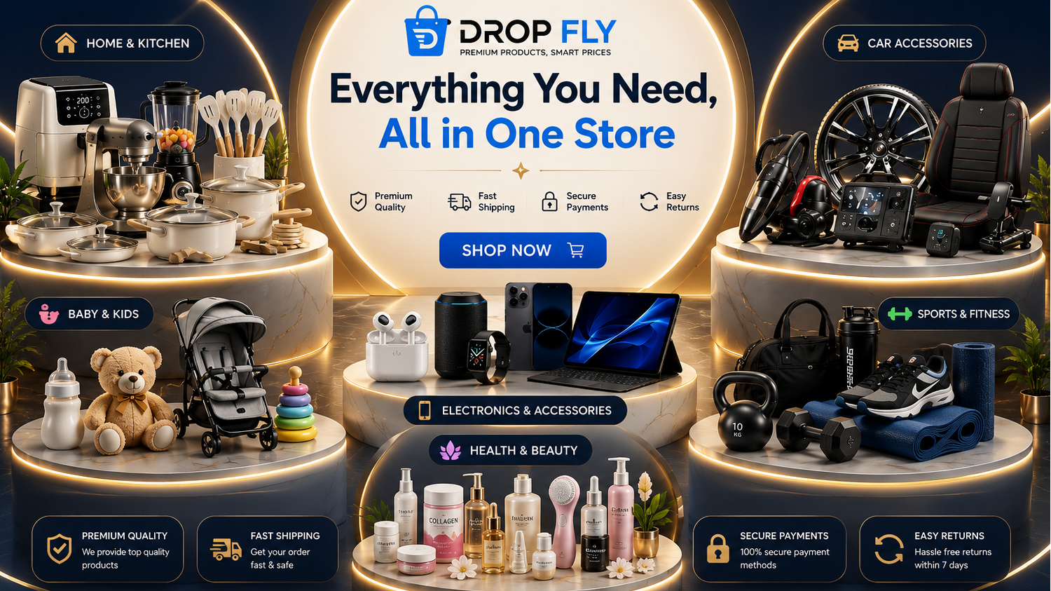 Promotional image of Drop Fly store with various products on display.